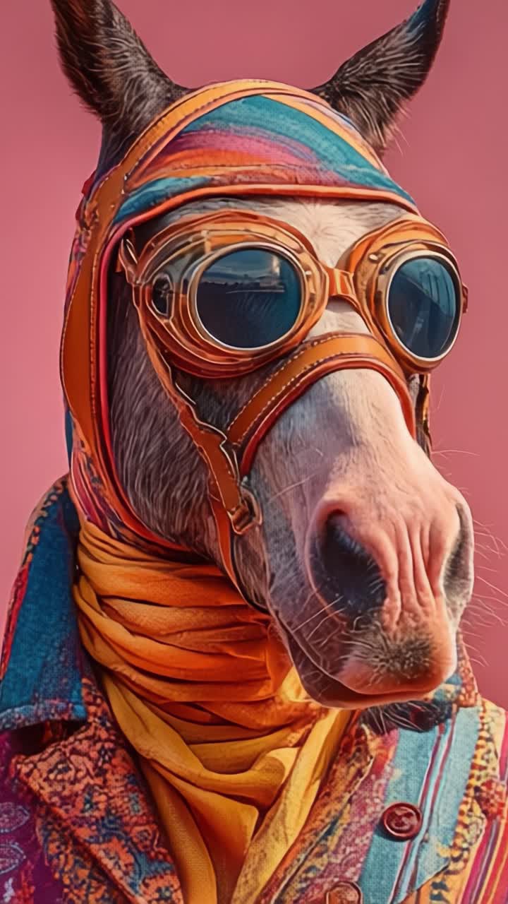 Um Cavalo Estiloso Modelando Óculos de Sol Vintage e Traje Colorido Contra um Fundo Vibrante: Uma Apresentação Criativa da Moda Equestre