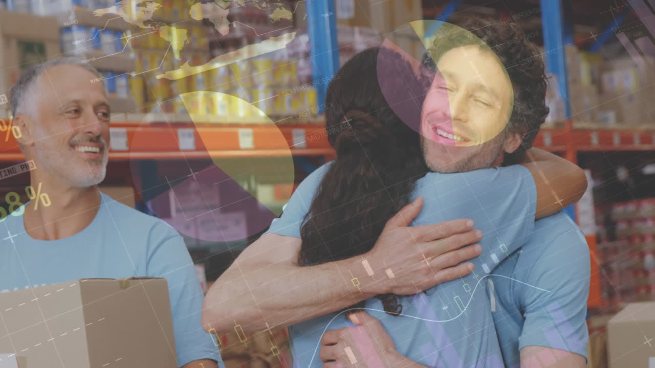 창고에서 서로 포옹하는 다양한 남성과 여성 자원봉사자에 대한 통계 데이터 처리