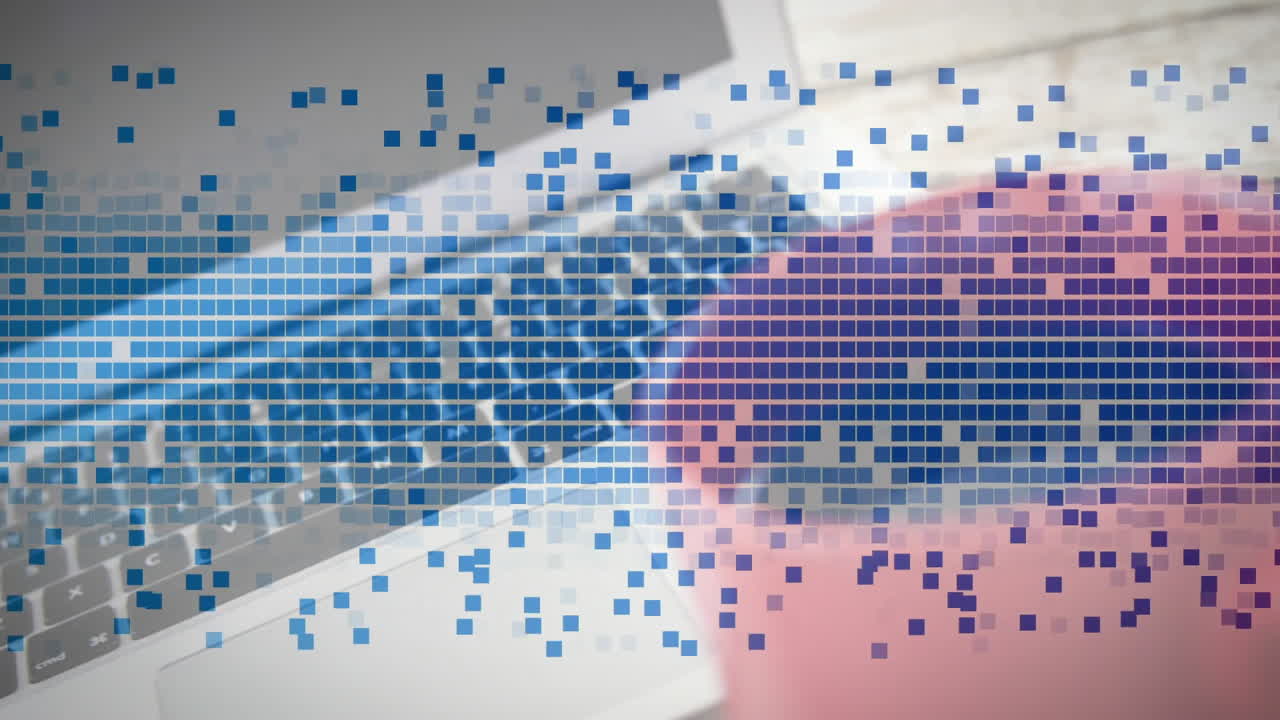 Hand hovering over laptop touchpad generating flat design data stream with purple pixel overlay
