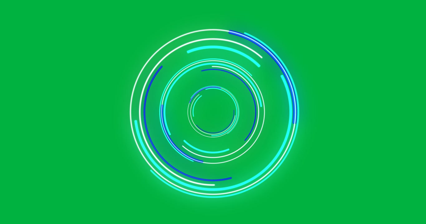 Animation of green, blue and white scope scanning and spinning on black background