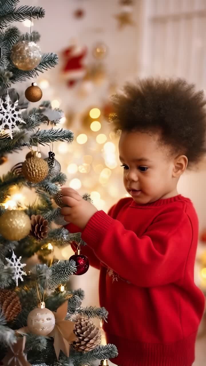 Uma criança está decorando uma árvore de Natal com enfeites. A cena é festiva e alegre.