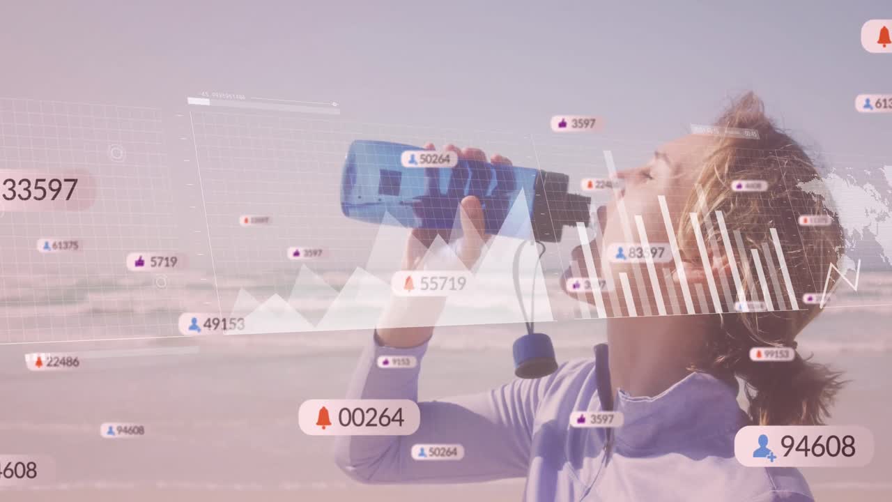 animación de iconos cayendo sobre mujeres caucásicas bebiendo agua