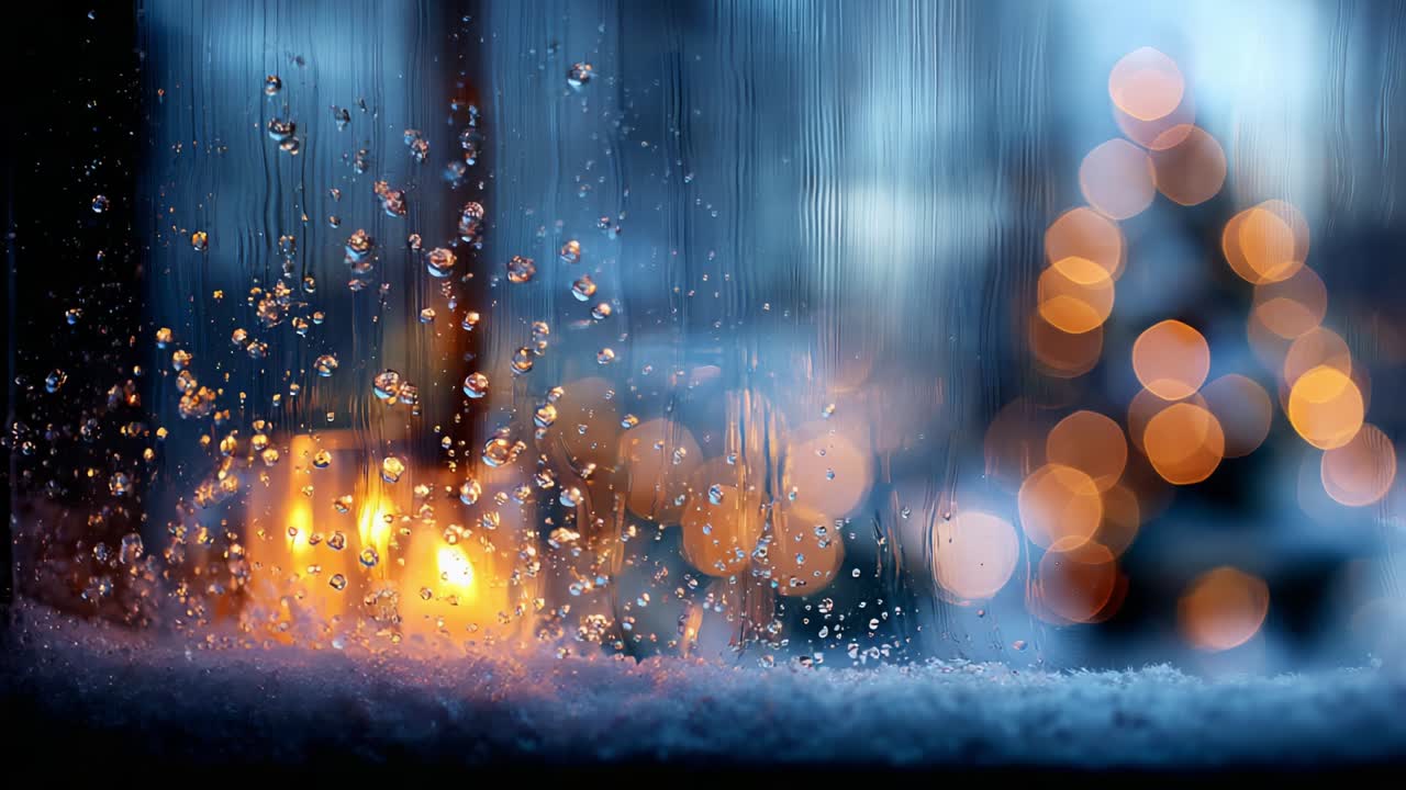 A Cozy Winter Scene Featuring Raindrops on Glass, a Softly Glowing Candle, and a Beautifully Lit Christmas Tree in the Background, Evoking the Warmth and Magic of the Holiday Season