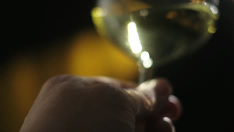 wine expert swirling a white wine glass with light reflection in his hands, wine tasting concept