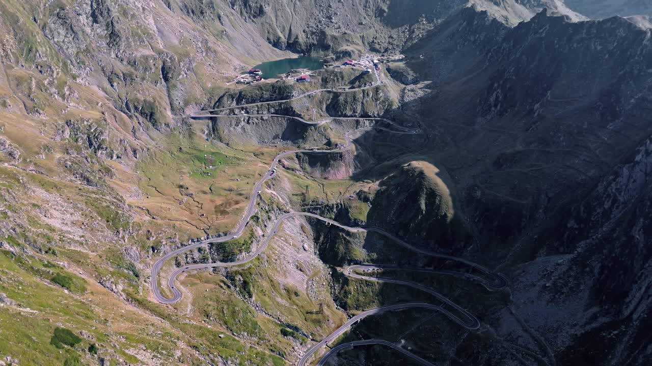 Aerial view of winding Transfagarasan road through Carpathian mountains