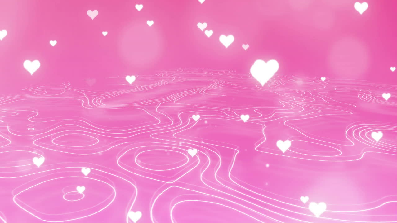 Animation of white heart over glowing light spots and lines on pink background