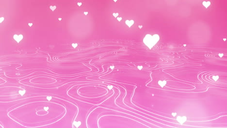 animation of white heart over glowing light spots and lines on pink background