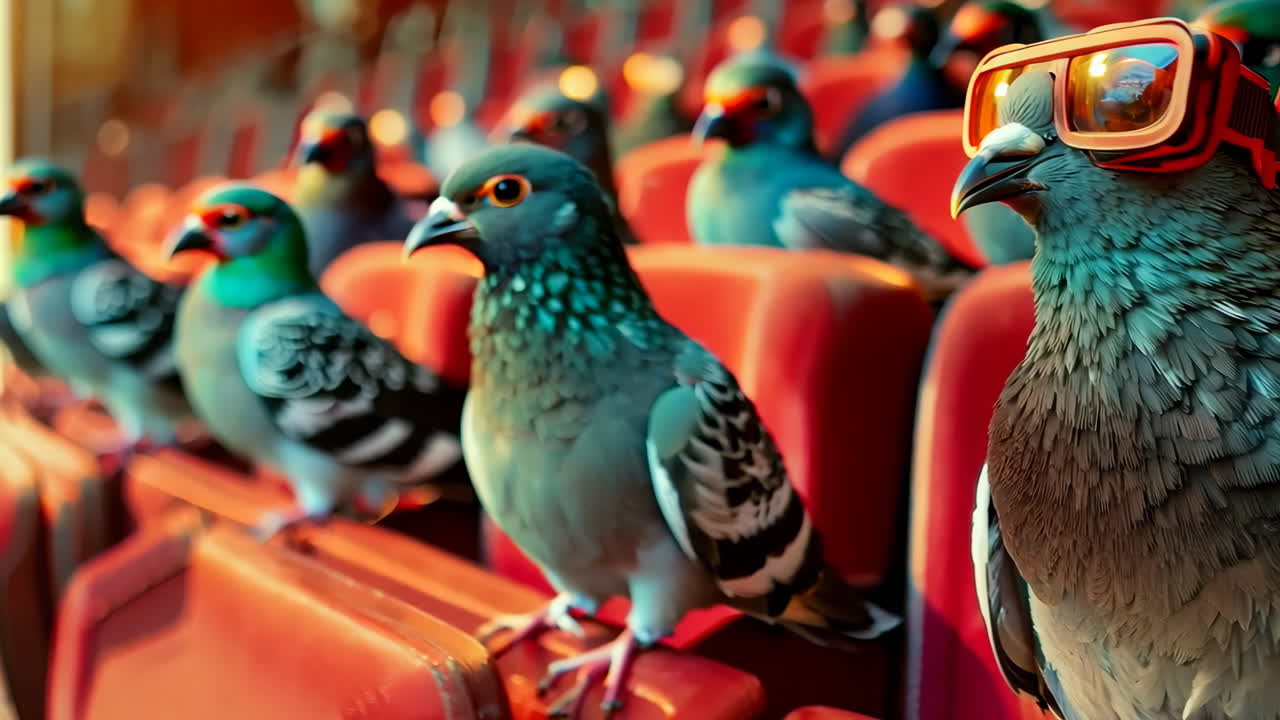 Pigeons Sitting in Stadium Seats Wearing Sunglasses During Event. Pigeons relax on red stadium seats, some adorned with colorful sunglasses, creating a quirky atmosphere at a lively event.