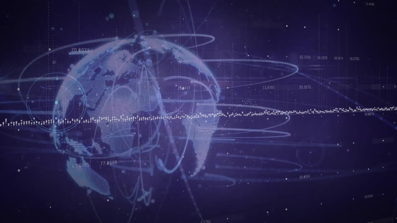 Animation of globe with data processing on black background