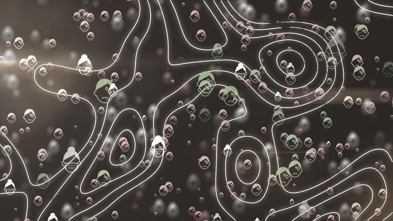 анимация движущихся белых линий над неудачными иконами covid-19 на черном фоне