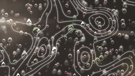 animación de líneas blancas en movimiento sobre iconos fallidos de covid 19 en fondo negro