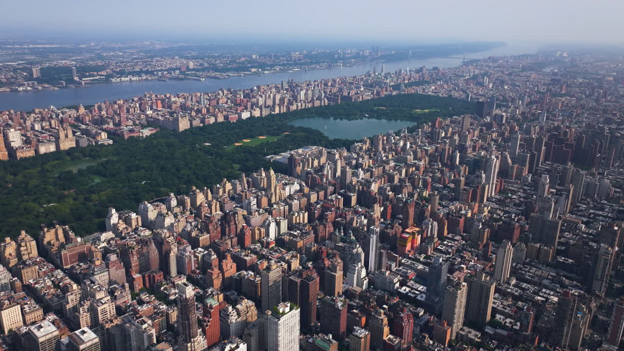 Panoramic drone shot overlooking the Central park and the Upper West Side of NYC