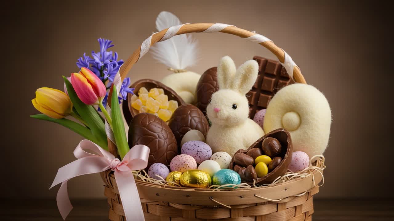 A Delightful Easter Basket Filled with Colorful Eggs, Chocolates, and Adorable Bunny Figurine Surrounded by Beautiful Tulips and Floral Decorations