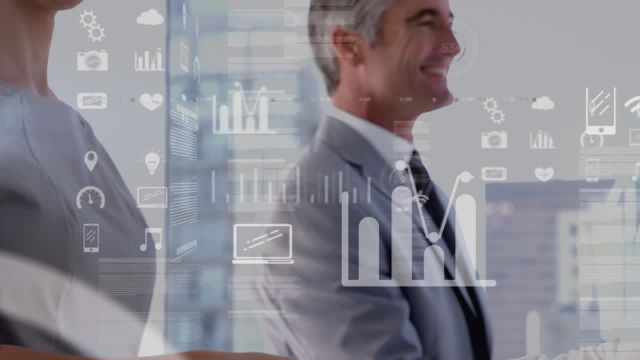 animación de estadísticas y procesamiento de datos sobre el apretón de manos de un empresario