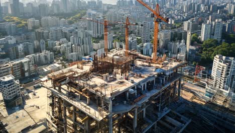 construction workers on a high-rise building site overlooking the city