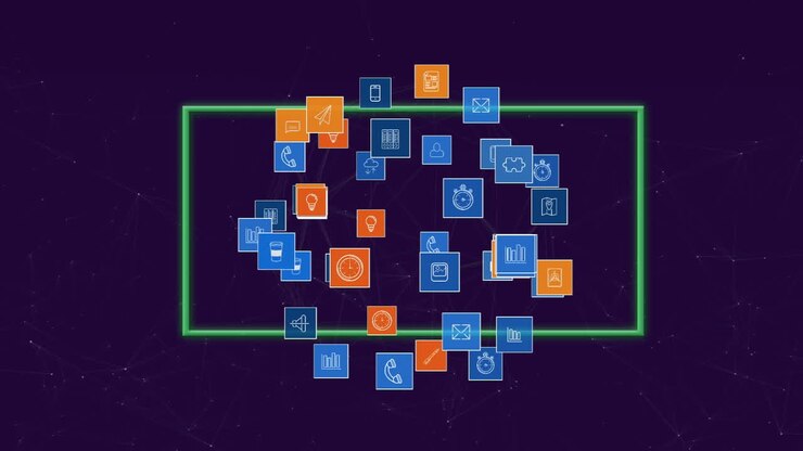 Animation of neon frame over globe of media icons