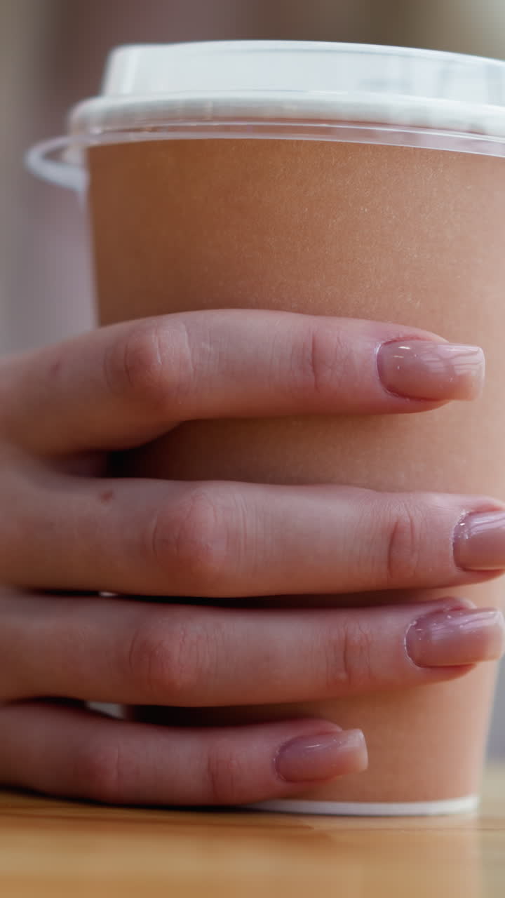 vista de cerca de la mano de la dama tocando una taza de café en una mesa de madera con el teléfono a su lado, el fondo ligeramente borroso, capturando un momento íntimo y tranquilo en un ambiente acogedor de café