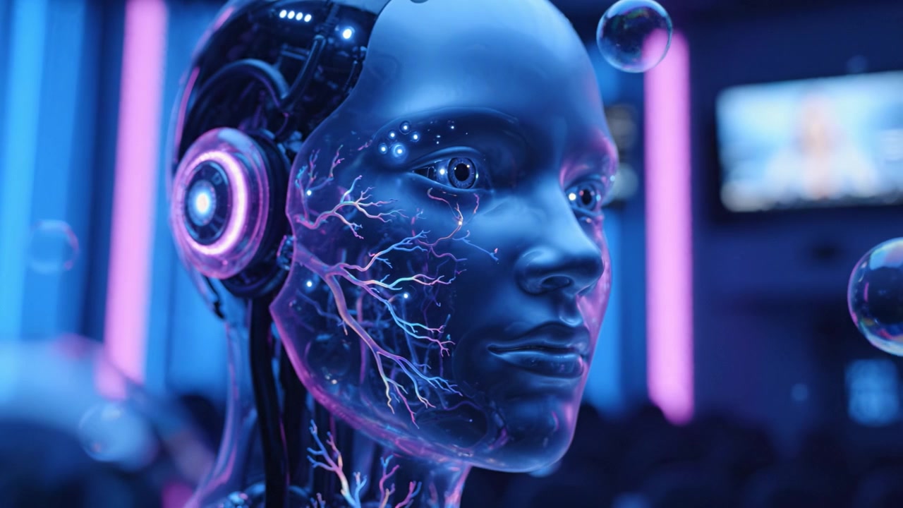 Una Testa di Robot Futuristico con Flussi Elettrici e Bolle che Ricorda un'Intelligenza Artificiale High-Tech in un Vibrante Ambiente Neon.