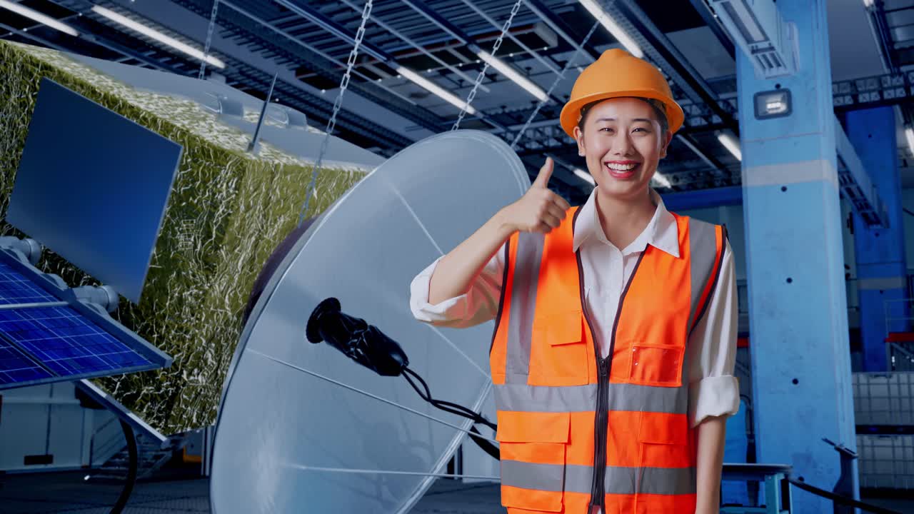 위성 공장에서 엄지손가락을 올리는 엔지니어