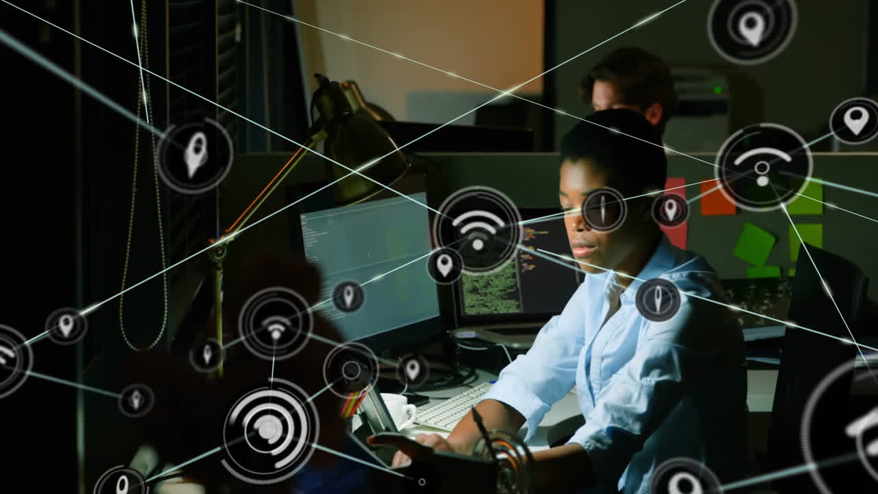 animación de la red de conexiones con iconos wifi sobre diversas personas de negocios en la oficina