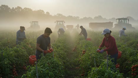 harvesting red tomatoes in a misty field: farmers collect fresh produce amidst early morning fog with tractors in the background