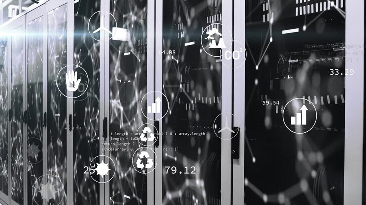 Animation of eco icons and digital data processing over computer servers