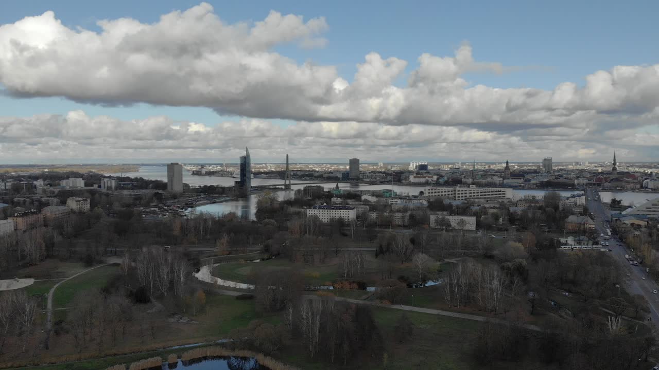 Drone panning shot of Riga, Latvia