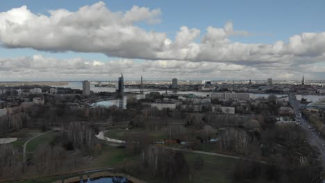 Drone-panning-shot-of-Riga,-Latvia