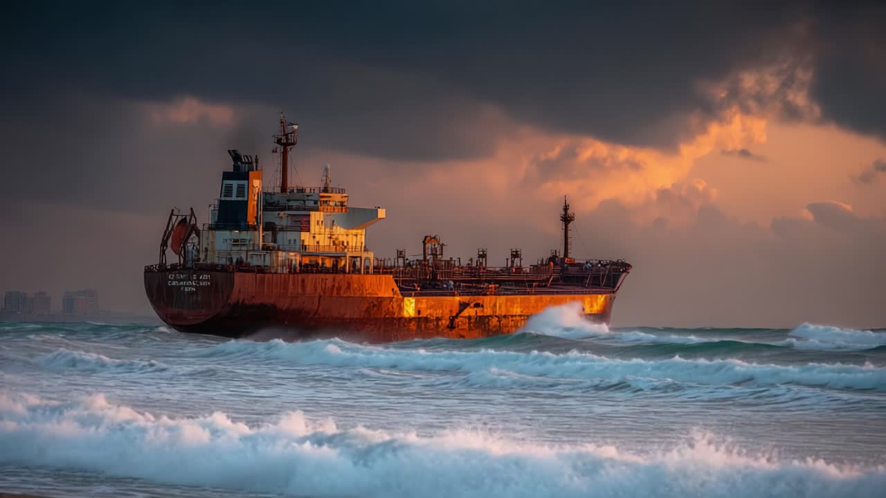 Majestic Oil Tanker Braving the Stormy Seas at Sunset: A Vessel Standing Strong Amidst the Powerful Waves and Dramatic Sky