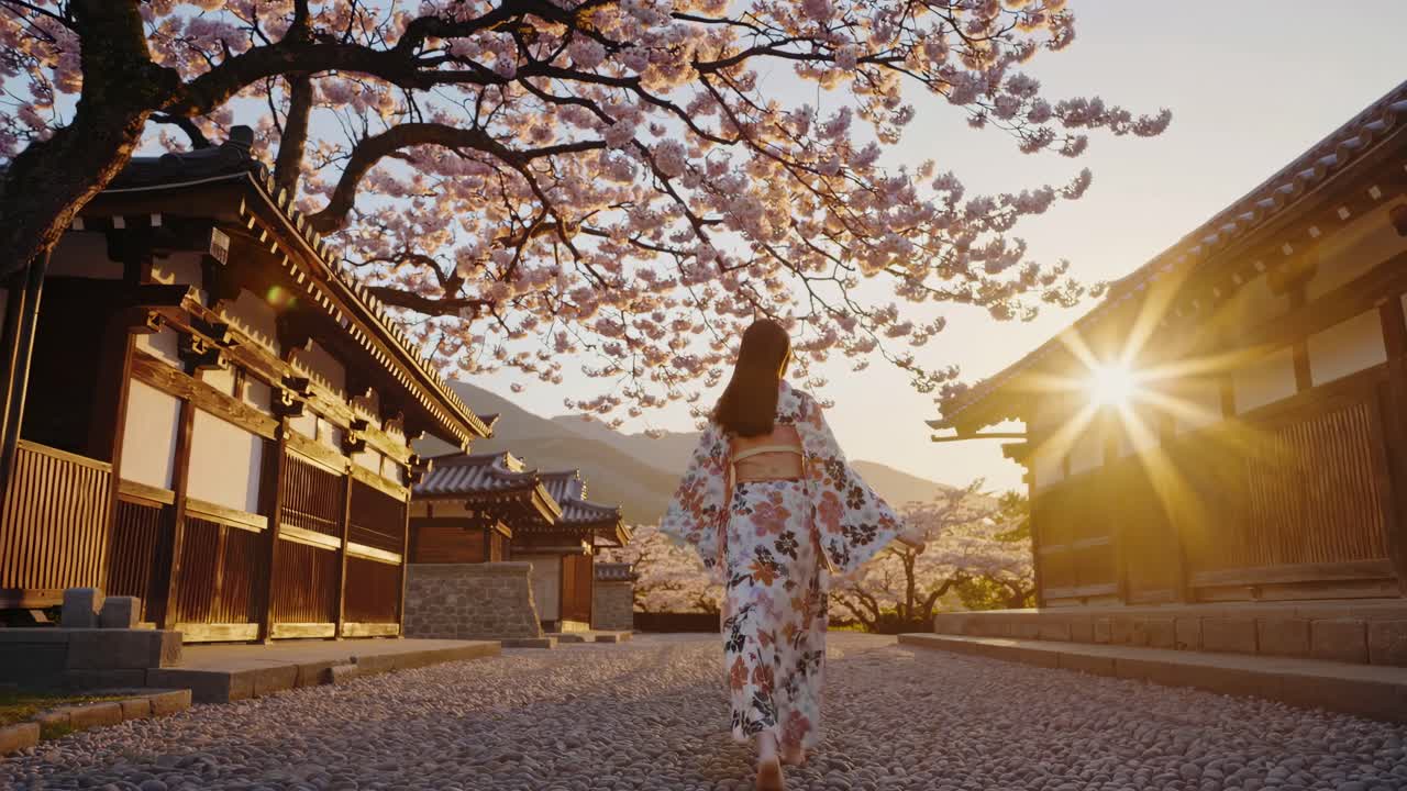 A woman in a kimono walks through a traditional Japanese street lined with cherry blossoms