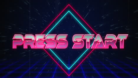 retro press start text glitching over blue and red squares on white hyperspace effect