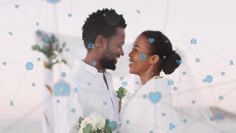 smiling couple embracing, surrounded by social media icons and network animation