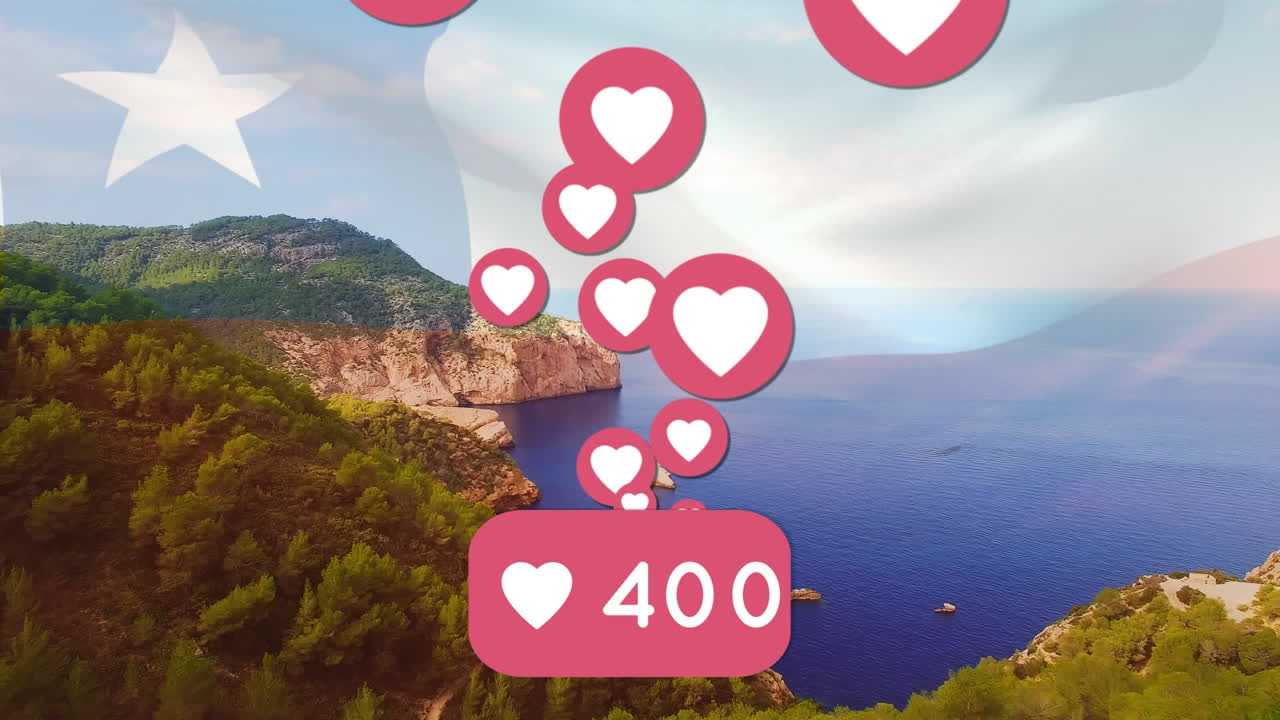 animación de iconos de los medios sobre la bandera de chile y el paisaje