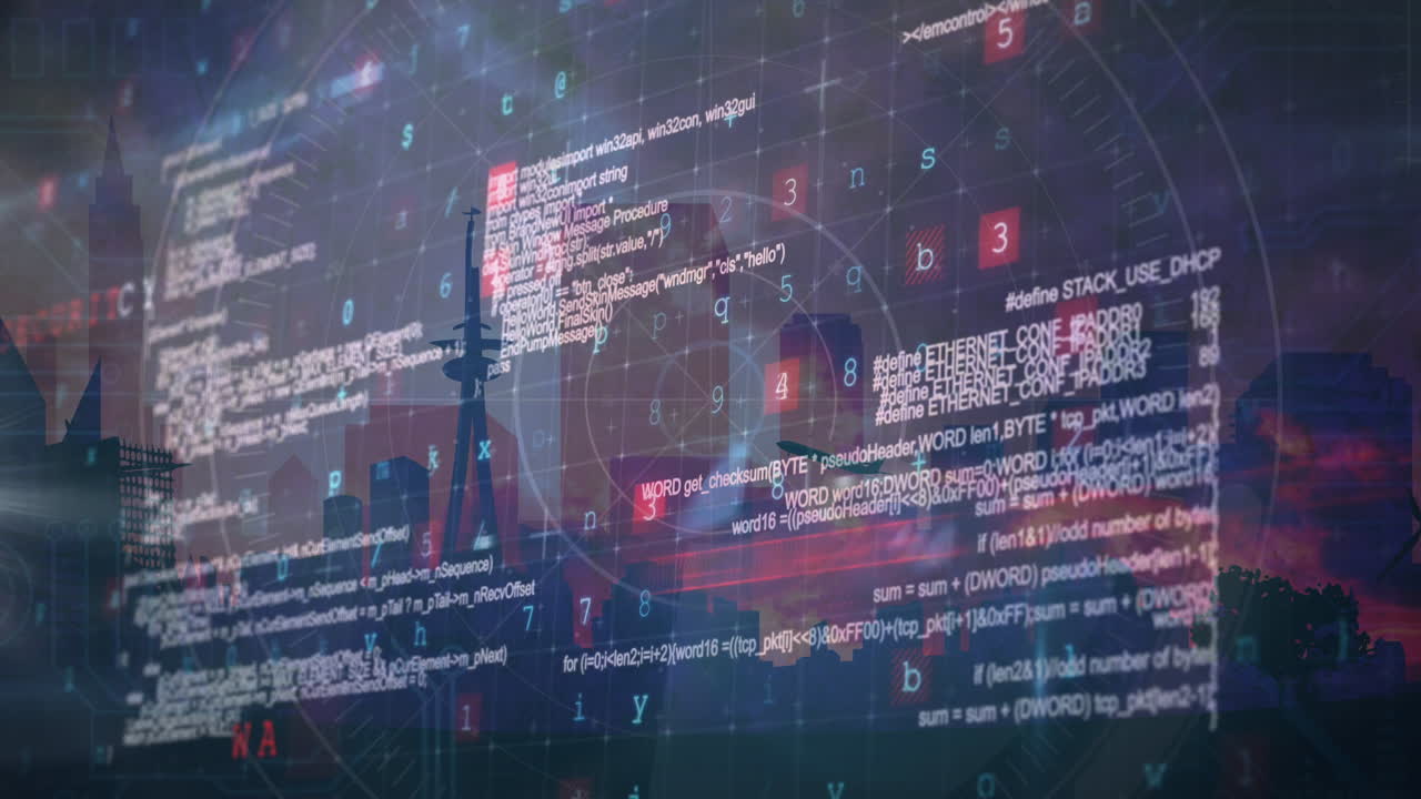 Animation of cyber attack warning and data processing over cityscape on red background
