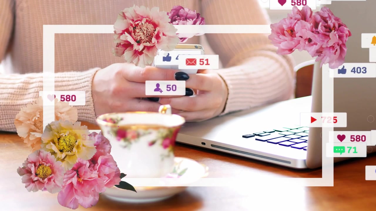 Uomo che tocca il telefono al tavolo, causando badge che crescono e poi si assottigliano per evidenziare le statistiche social sul telefono.