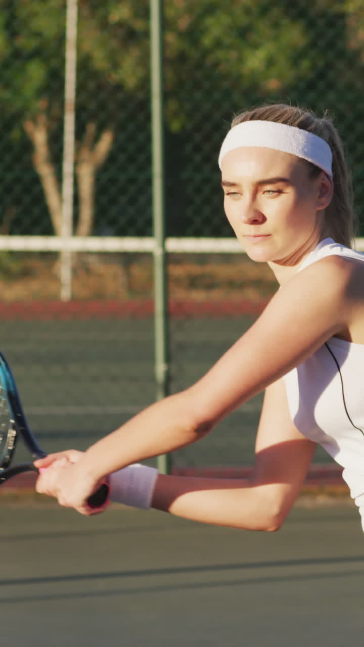 라켓 을 들고 공 을 치는 행복 한 백인 여자 테니스 선수 의 비디오