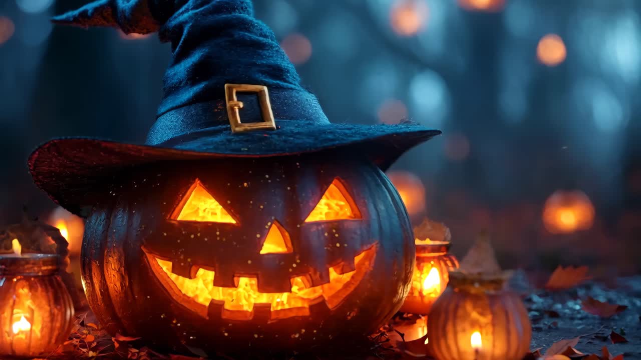 A pumpkin with a witch's hat on top of it. The pumpkin is lit up with a light inside