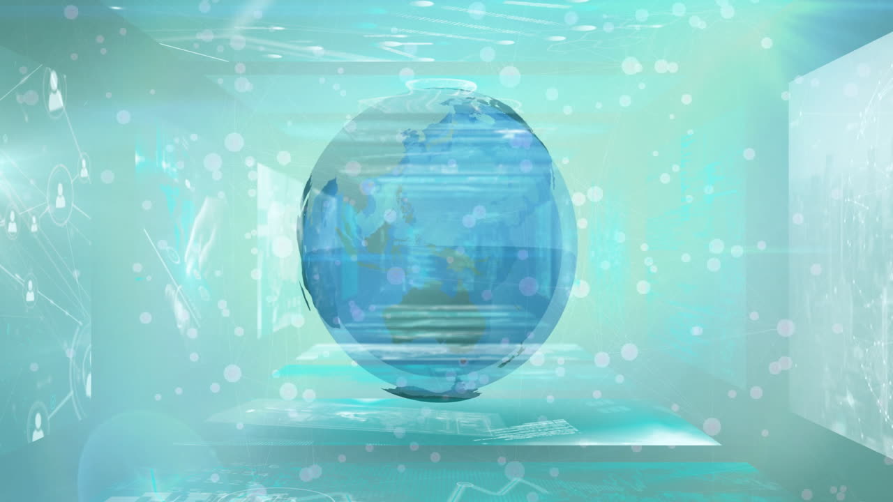Floating data and abstract technology elements surrounding digital globe animation