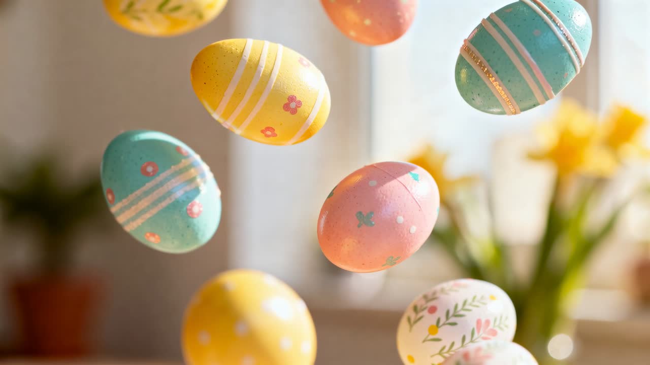 Uova pastello decorate che fluttuano e ruotano verso il basso per una leggera brezza dalla finestra, vicino a un tavolo illuminato dal sole, con narcisi.
