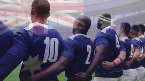 Animación-De-La-Bandera-De-Australia-Sobre-Diversos-Jugadores-De-Rugby-En-El-Campo.