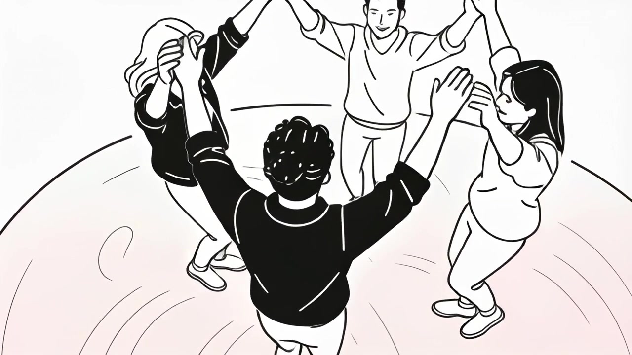 Animazione di quattro adulti che si tengono per mano, camminano e girano su un tappeto rosa, festeggiando con indosso dei maglioni.