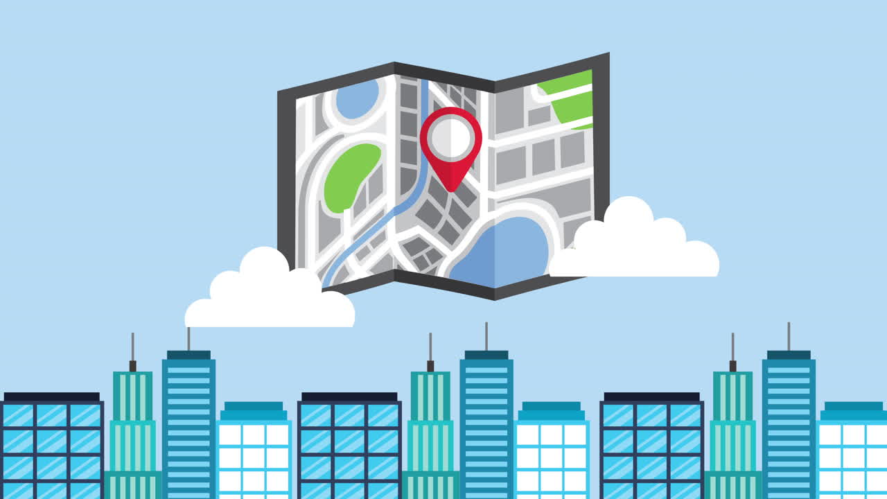 guía de mapa en papel con paisaje de la ciudad y ubicación del pin