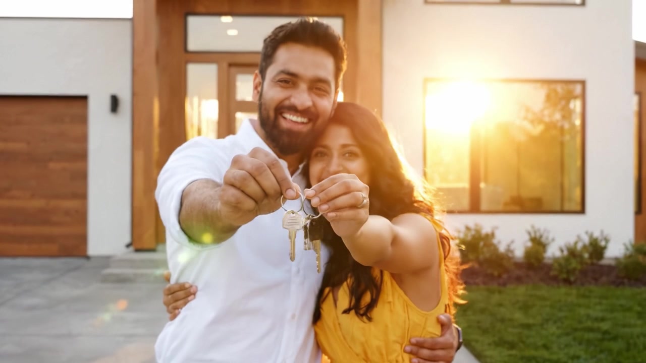 Celebración Gozosa de la Adquisición de una Vivienda: Una Pareja Sonriente Sosteniendo las Llaves Frente a su Nuevo Hogar Soñado Mientras el Atardecer Irradia Calidez y Felicidad.