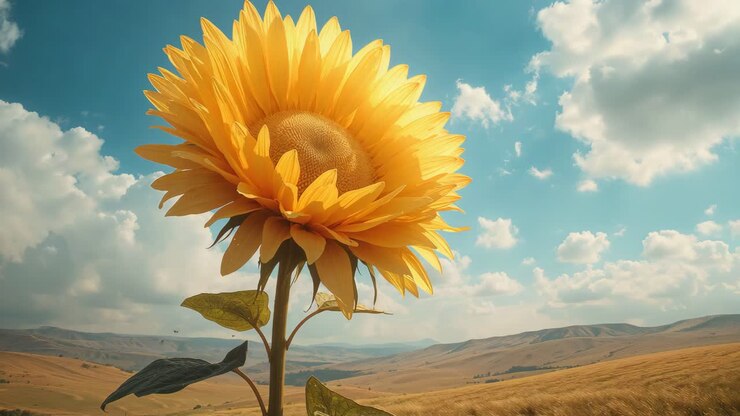 Sunflower in a golden field under a bright sky