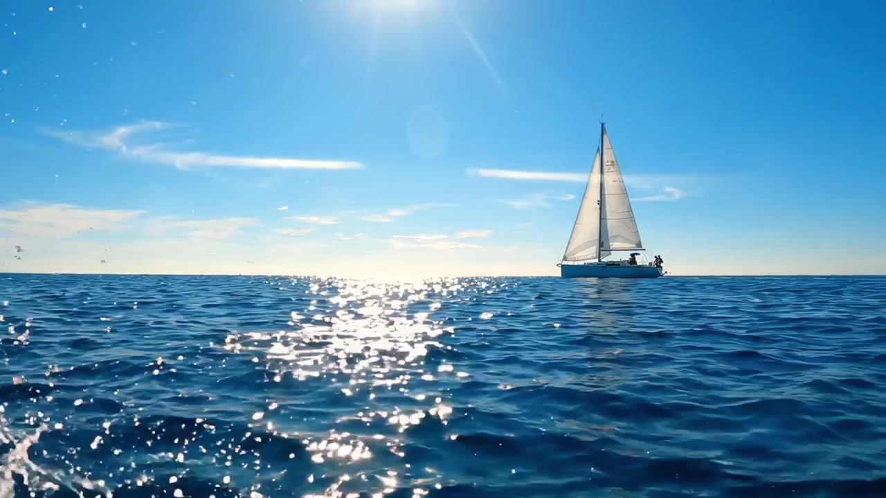 きらめく青い海を渡る穏やかな旅：輝く太陽と澄み切った空の下を優雅に滑るヨット、穏やかな冒険に最適