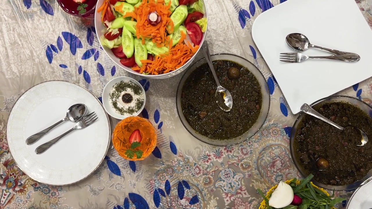 Iranian dish steamed rice with tahdig traditional cuisine dining table family gathering party celebration feast holiday brunch buffet hosting healthy meal festive food Thanksgiving gourmet sharing
