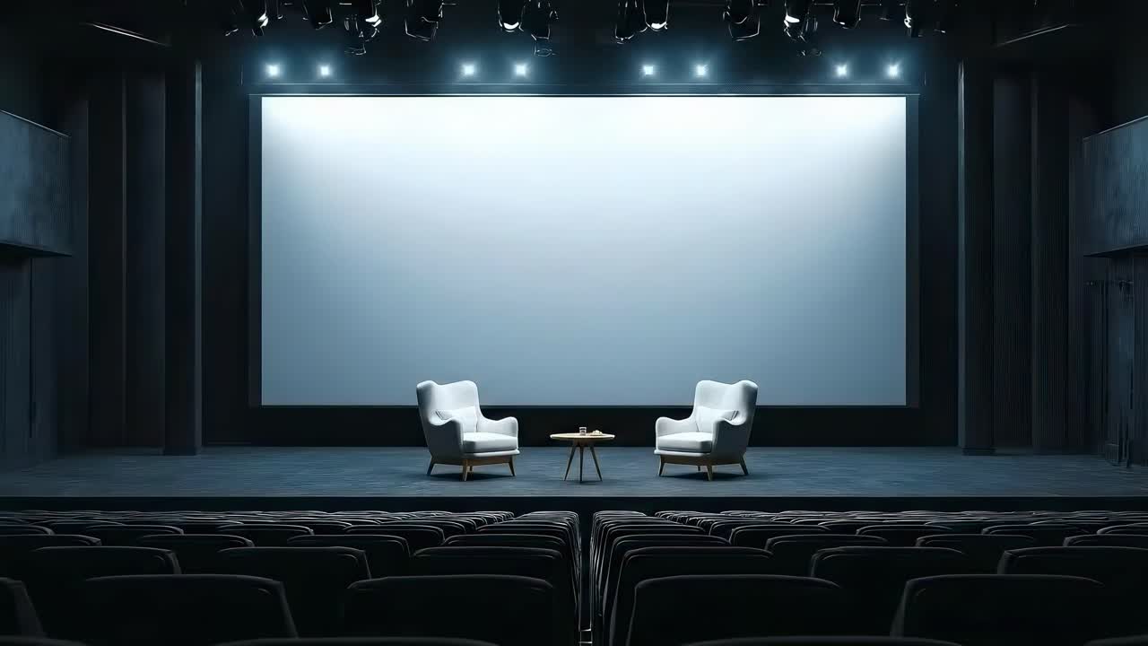 Ripresa grandangolare di un allestimento teatrale minimalista con due sedie, ideale per interviste video