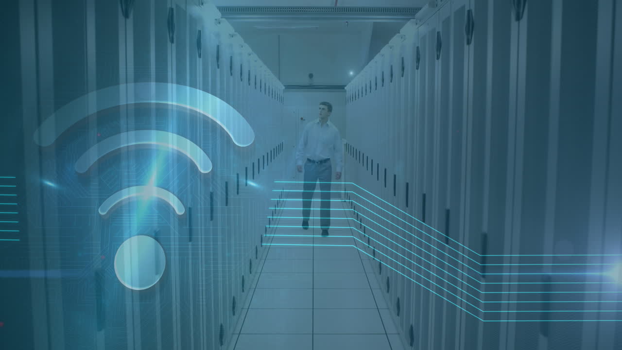 Animation of wifi icon over caucasian man working in a server room