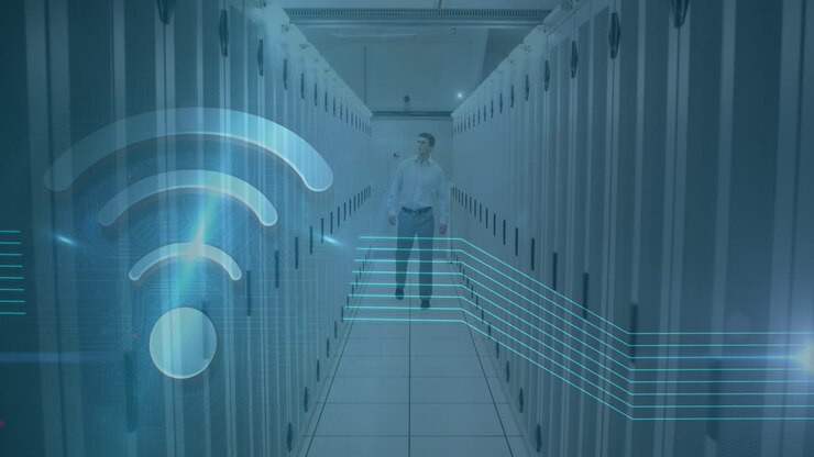 Animation af Wi-Fi-ikon over en hvid mand, der arbejder i et serverrum