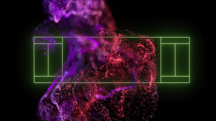 Animazione di rettangoli verde neon su sfondo astratto di particelle viola e rosse